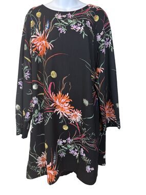 HM Floral Tunic Dress XL Black Orange Chrysanthemum Kimono Sleeve Oversized Mini